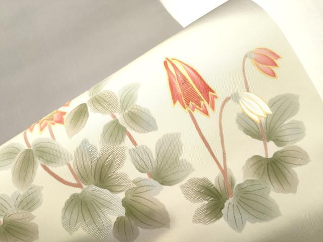 平和屋着物●塩瀬　九寸開き名古屋帯　手描き　刺繍　草花文　金彩　逸品　CABH6731dy