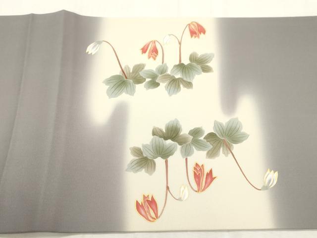 平和屋着物●塩瀬　九寸開き名古屋帯　手描き　刺繍　草花文　金彩　逸品　CABH6731dy