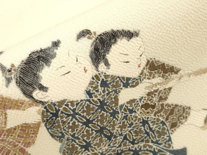 平和屋着物●十日町友禅作家　関口遼一　九寸名古屋帯　童子遊び　鬼しぼ縮緬　逸品　CABH6732dy