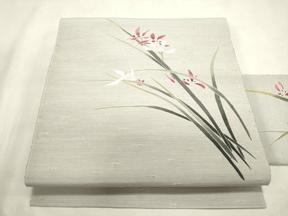 平和屋着物●八寸名古屋帯　紬地　草花文　名古屋仕立て　正絹　逸品　CABH6772dy