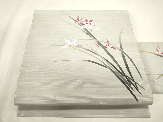 平和屋着物●八寸名古屋帯　紬地　草花文　名古屋仕立て　正絹　逸品　CABH6772dy