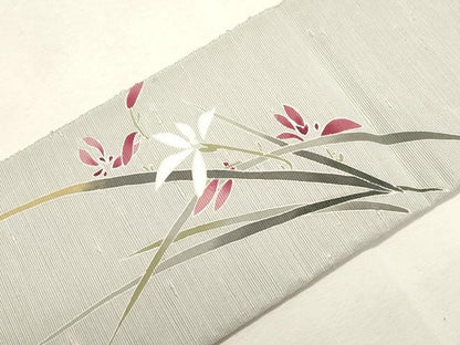 平和屋着物●八寸名古屋帯　紬地　草花文　名古屋仕立て　正絹　逸品　CABH6772dy