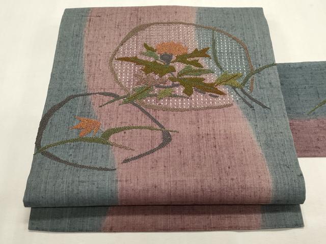 平和屋着物●中国三大刺繍　スワトウ刺繍　相良刺繍　総刺繍　八寸名古屋帯　紬地　草花丸文　正絹　逸品　CABH6774dy