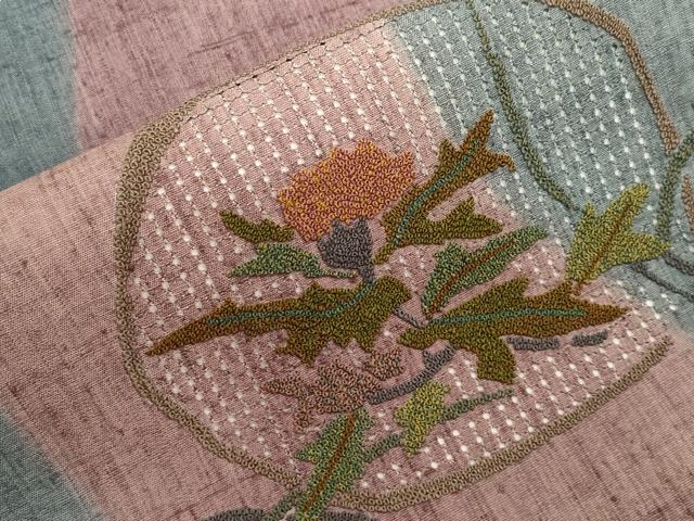 平和屋着物●中国三大刺繍　スワトウ刺繍　相良刺繍　総刺繍　八寸名古屋帯　紬地　草花丸文　正絹　逸品　CABH6774dy