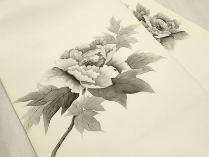 平和屋着物●塩瀬　九寸名古屋帯　作家物　手描き　草花文　正絹　逸品　CABH6775dy