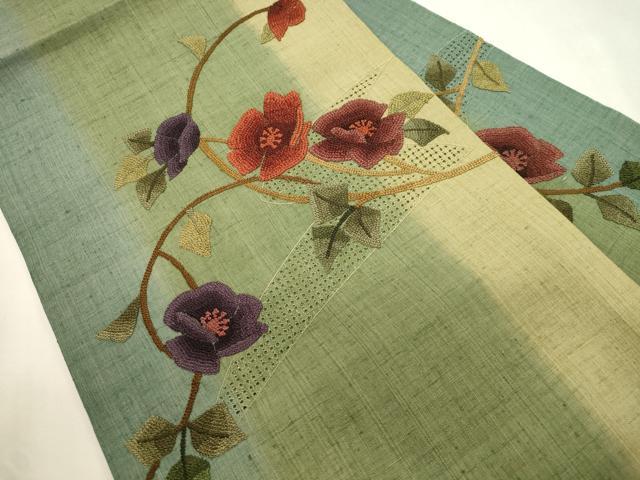 平和屋着物●中国三大刺繍　スワトウ刺繍　相良刺繍　総刺繍　九寸名古屋帯　紬地　草花文　正絹　逸品　未使用　CABH6782dy
