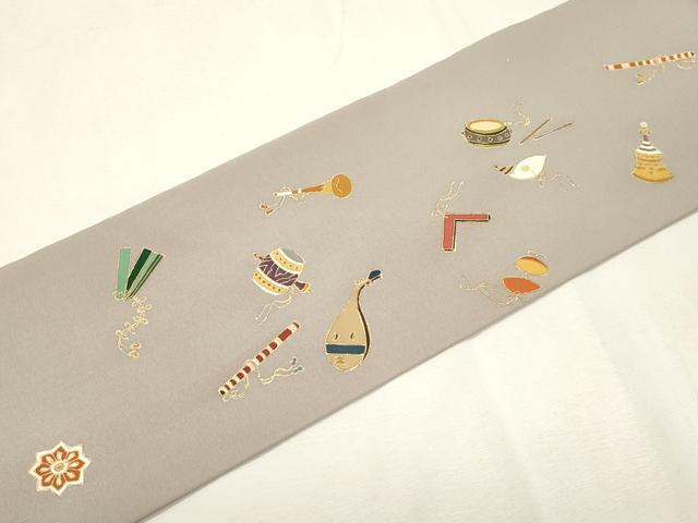 平和屋着物●塩瀬　九寸名古屋帯　楽器文　金彩　正絹　逸品　CABH6784dy