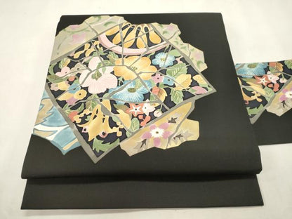 平和屋着物●塩瀬　九寸名古屋帯　作家物　草花文　黒地　金彩　正絹　逸品　CABH6785dy