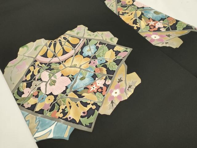 平和屋着物●塩瀬　九寸名古屋帯　作家物　草花文　黒地　金彩　正絹　逸品　CABH6785dy