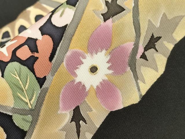 平和屋着物●塩瀬　九寸名古屋帯　作家物　草花文　黒地　金彩　正絹　逸品　CABH6785dy