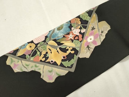 平和屋着物●塩瀬　九寸名古屋帯　作家物　草花文　黒地　金彩　正絹　逸品　CABH6785dy