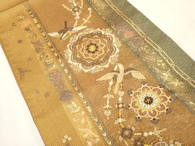 平和屋着物●ひなや工房　くむ・あむ・おる　伊豆蔵明彦　太鼓柄袋帯　刺繍　花鳥文　金彩　正絹　逸品　CABH6789dy