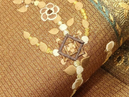 平和屋着物●ひなや工房　くむ・あむ・おる　伊豆蔵明彦　太鼓柄袋帯　刺繍　花鳥文　金彩　正絹　逸品　CABH6789dy