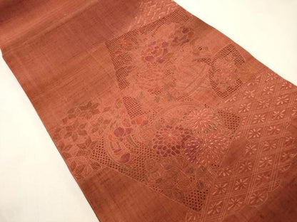 平和屋着物●中国三大刺繍　スワトウ刺繍　総刺繍　太鼓柄袋帯　紬地　色紙重ね草花文　正絹　逸品　未使用　CABH6790dy