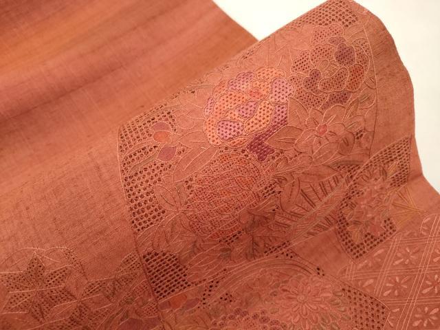 平和屋着物●中国三大刺繍　スワトウ刺繍　総刺繍　太鼓柄袋帯　紬地　色紙重ね草花文　正絹　逸品　未使用　CABH6790dy