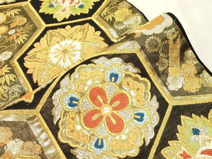 平和屋着物●西陣　川島織物　六通柄　本袋帯　亀甲花文　金糸　正絹　逸品　CABH6791dy