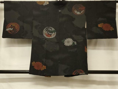 平和屋着物＃羽織　寿光織　草花丸文　黒地　銀糸　正絹　逸品　CABH6809in
