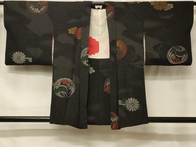 平和屋着物＃羽織　寿光織　草花丸文　黒地　銀糸　正絹　逸品　CABH6809in