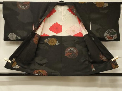 平和屋着物＃羽織　寿光織　草花丸文　黒地　銀糸　正絹　逸品　CABH6809in