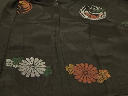 平和屋着物＃羽織　寿光織　草花丸文　黒地　銀糸　正絹　逸品　CABH6809in