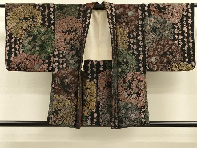 平和屋着物＃羽織　寿光織　草花文　黒地　金糸　正絹　逸品　CABH6824in