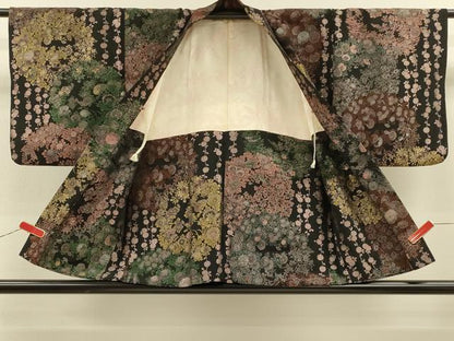 平和屋着物＃羽織　寿光織　草花文　黒地　金糸　正絹　逸品　CABH6824in