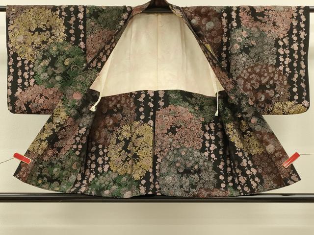 平和屋着物＃羽織　寿光織　草花文　黒地　金糸　正絹　逸品　CABH6824in