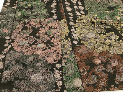 平和屋着物＃羽織　寿光織　草花文　黒地　金糸　正絹　逸品　CABH6824in