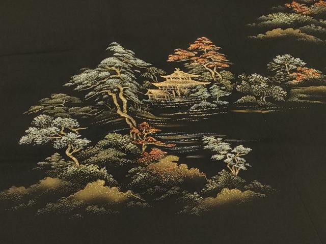平和屋着物＃道行コート　寿光織　風景文　黒地　金銀糸　正絹　逸品　CABH6827in