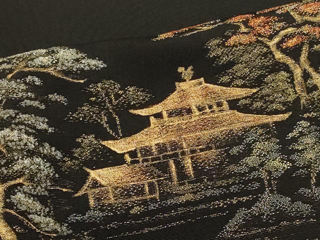 平和屋着物＃道行コート　寿光織　風景文　黒地　金銀糸　正絹　逸品　CABH6827in
