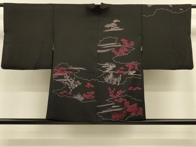 平和屋着物＃羽織　雲取り流水花文　黒地　正絹　逸品　CABH6833in