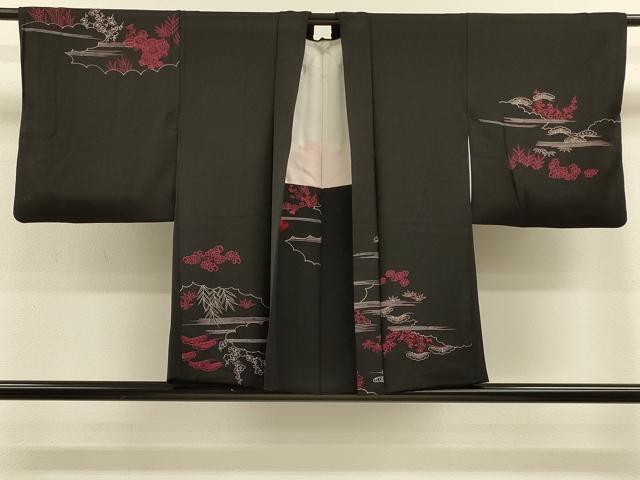 平和屋着物＃羽織　雲取り流水花文　黒地　正絹　逸品　CABH6833in