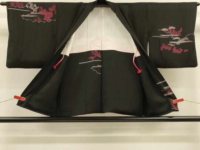 平和屋着物＃羽織　雲取り流水花文　黒地　正絹　逸品　CABH6833in