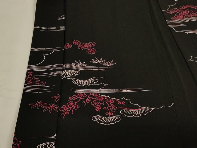 平和屋着物＃羽織　雲取り流水花文　黒地　正絹　逸品　CABH6833in
