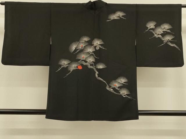 平和屋着物＃羽織　刺繍　枝松文　黒地　正絹　逸品　CABH6840in