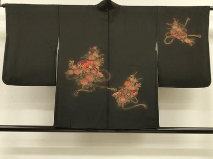 平和屋着物＃羽織　刺繍　文箱草花文　黒地　金彩　正絹　逸品　CABH6841in