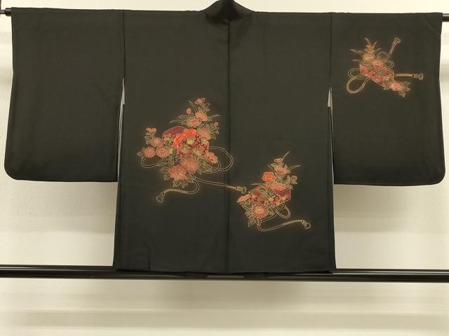 平和屋着物＃羽織　刺繍　文箱草花文　黒地　金彩　正絹　逸品　CABH6841in