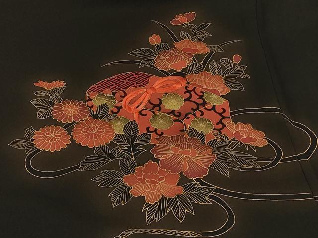 平和屋着物＃羽織　刺繍　文箱草花文　黒地　金彩　正絹　逸品　CABH6841in