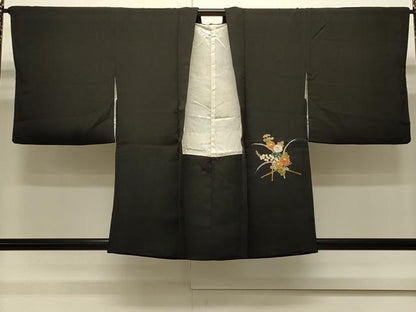 平和屋着物＃羽織　駒刺繍　草花文　黒地　金彩　正絹　逸品　CABH6854in