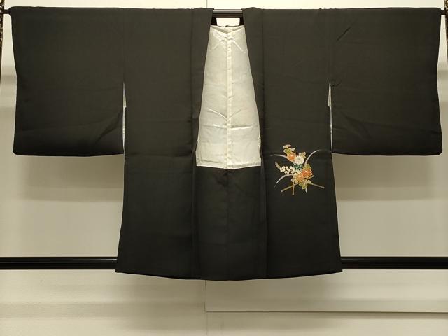 平和屋着物＃羽織　駒刺繍　草花文　黒地　金彩　正絹　逸品　CABH6854in