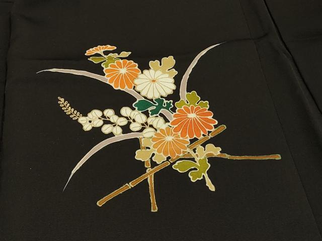平和屋着物＃羽織　駒刺繍　草花文　黒地　金彩　正絹　逸品　CABH6854in