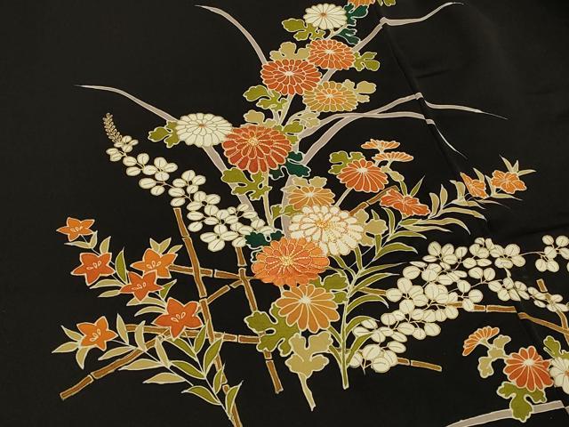 平和屋着物＃羽織　駒刺繍　草花文　黒地　金彩　正絹　逸品　CABH6854in