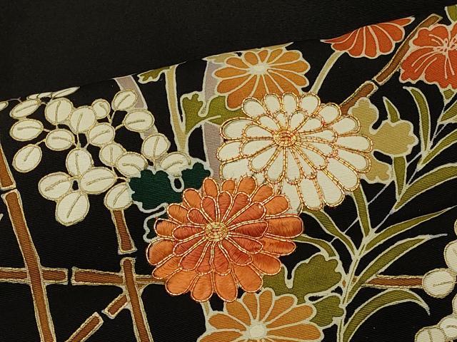 平和屋着物＃羽織　駒刺繍　草花文　黒地　金彩　正絹　逸品　CABH6854in