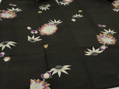 平和屋着物∞道行コート　草花文　黒地　ロング丈　正絹　逸品　CABH6860in
