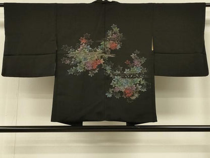 平和屋着物＃羽織　寿光織　霞葉づくし文　黒地　金糸　正絹　逸品　CABH6872in