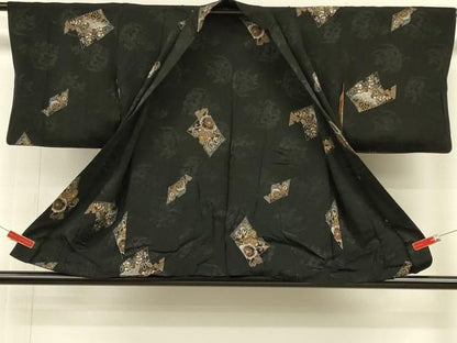 平和屋着物＃羽織　破れ色紙花唐草文　黒地　金銀彩　正絹　逸品　CABH6887