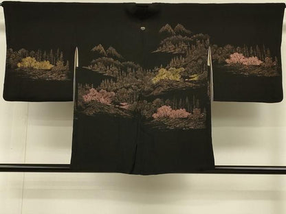 平和屋着物＃羽織　寿光織　遠山樹林文　黒地　金糸　正絹　逸品　CABH6888in