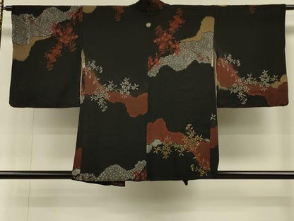 平和屋着物＃羽織　寿光織　霞枝花文　黒地　金銀糸　正絹　逸品　CABH6892in