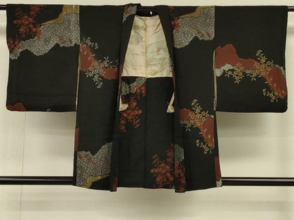 平和屋着物＃羽織　寿光織　霞枝花文　黒地　金銀糸　正絹　逸品　CABH6892in