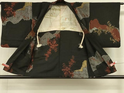 平和屋着物＃羽織　寿光織　霞枝花文　黒地　金銀糸　正絹　逸品　CABH6892in